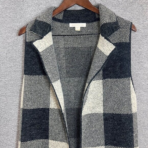 Monteau Knitted Vest Women Size M Black Plaid Mid Length Pockets Collared - Picture 3 of 11